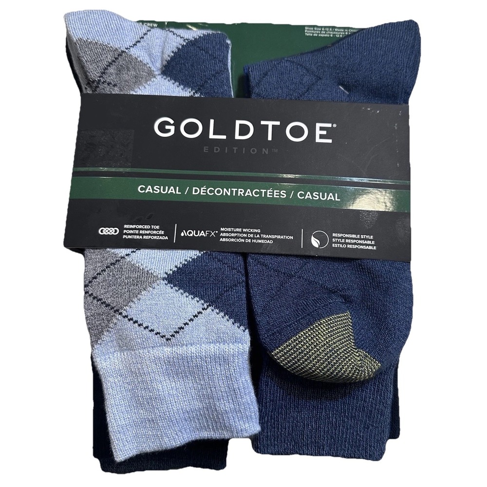 Gold Toe 12 Pair Mens Crew Socks‎ AquaFX Sz 6-12.5 Assorted Colors Casual Argyle